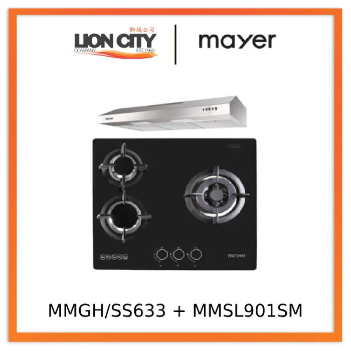 Mayer MMGH/SS633 60cm 3 Burner Glass Gas Hob + MMSL901SM 90 Cm Slimline Hood