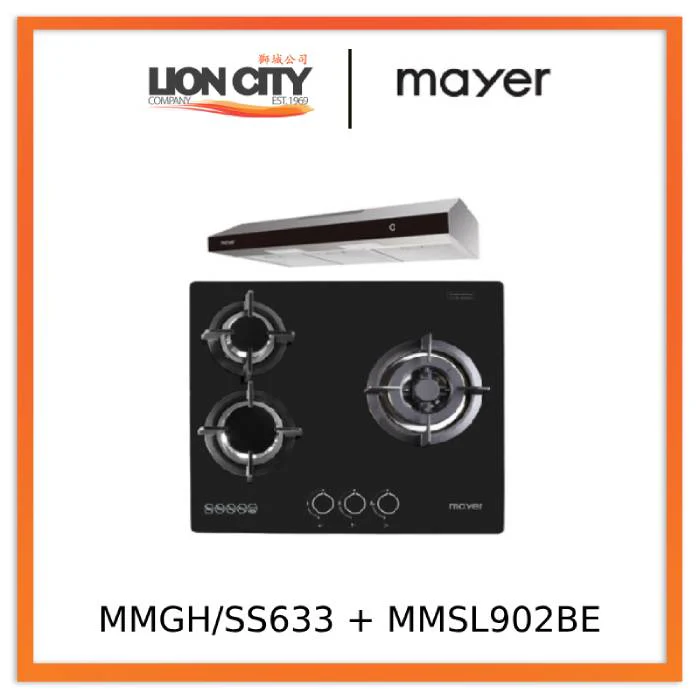 Mayer MMGH/SS633 60cm 3 Burner Glass Gas Hob + MMSL902BE  90cm Slimline Hood
