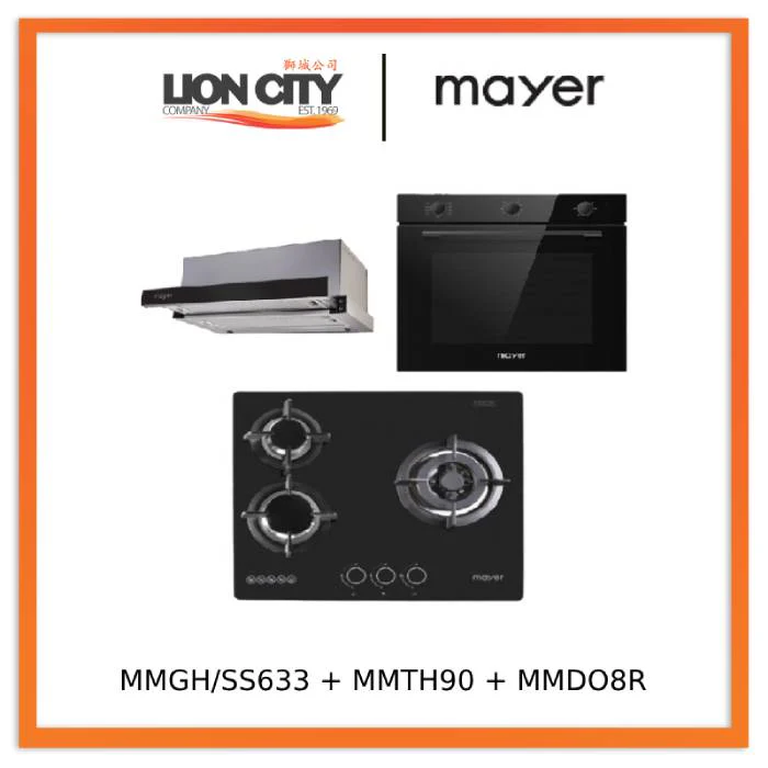 Mayer MMGH/SS633 60cm 3 Burner Glass Gas Hob + MMTH90 Telescopic Hood + MMDO8R 60 cm Built-in Oven with Smoke Ventilation