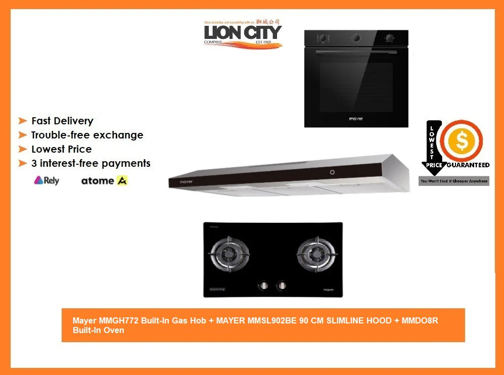 Mayer MMGH772 Built-In Gas Hob + MAYER MMSL902BE 90 CM SLIMLINE HOOD + MMDO8R Built-In Oven