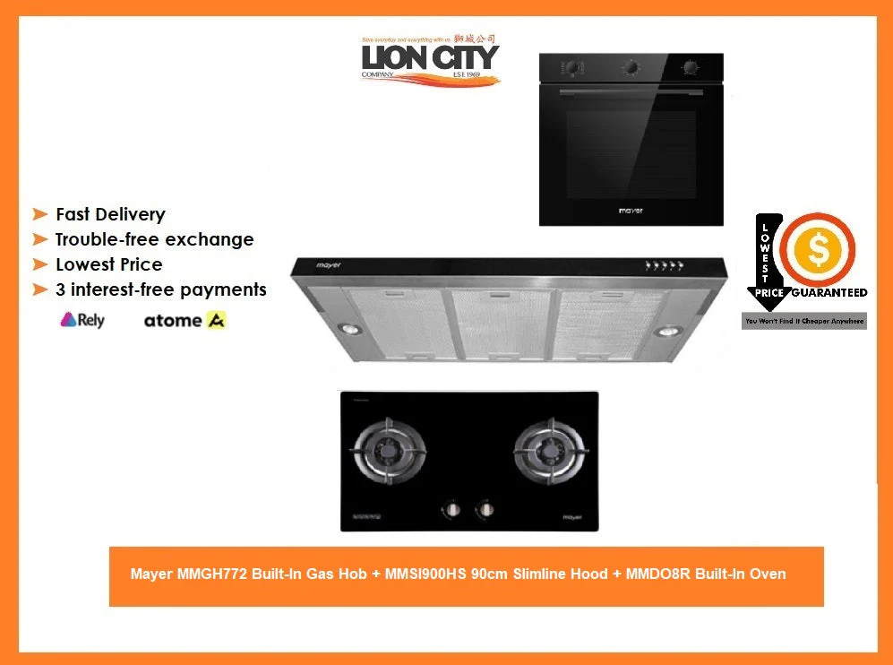 Mayer MMGH772 Built-In Gas Hob + MMSI900HS 90cm Slimline Hood + MMDO8R Built-In Oven