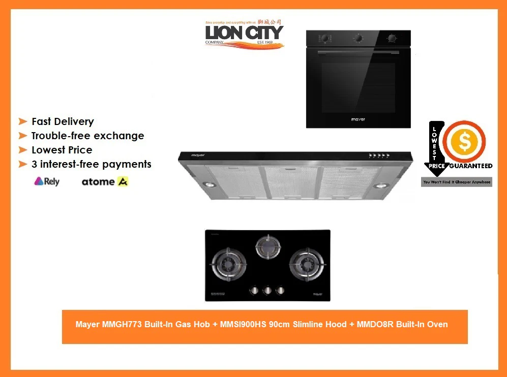 Mayer MMGH773 Built-In Gas Hob + MMSI900HS 90cm Slimline Hood + MMDO8R Built-In Oven