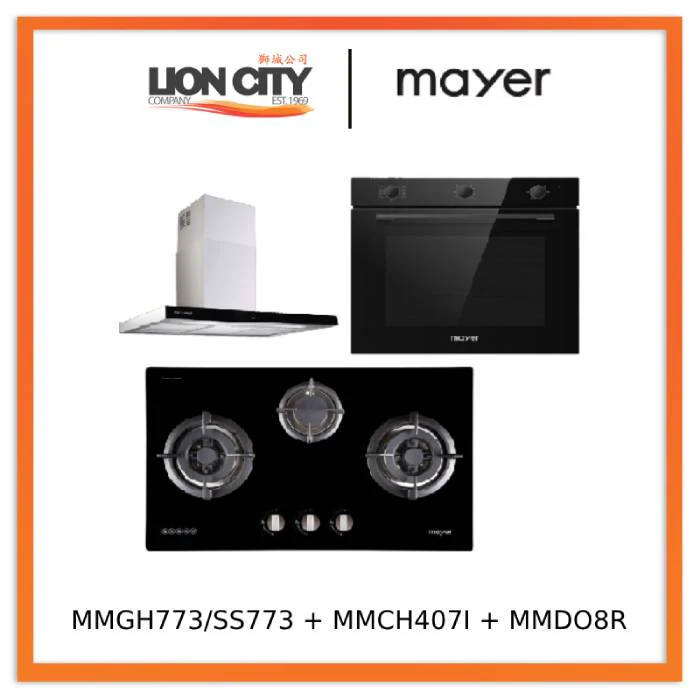 Mayer MMGH773/SS773 Built-In Gas Hob 3 Burners + MMCH407I 90cm Chimney Hood + MMDO8R 60 cm Built-in Oven with Smoke Ventilation