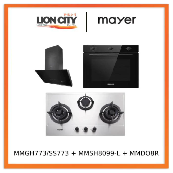 Mayer MMGH773/SS773 Built-In Gas Hob 3 Burners + MMSH8099-L Angled Chimney Hood + MMDO8R 60 cm Built-in Oven with Smoke Ventilation - Image 3