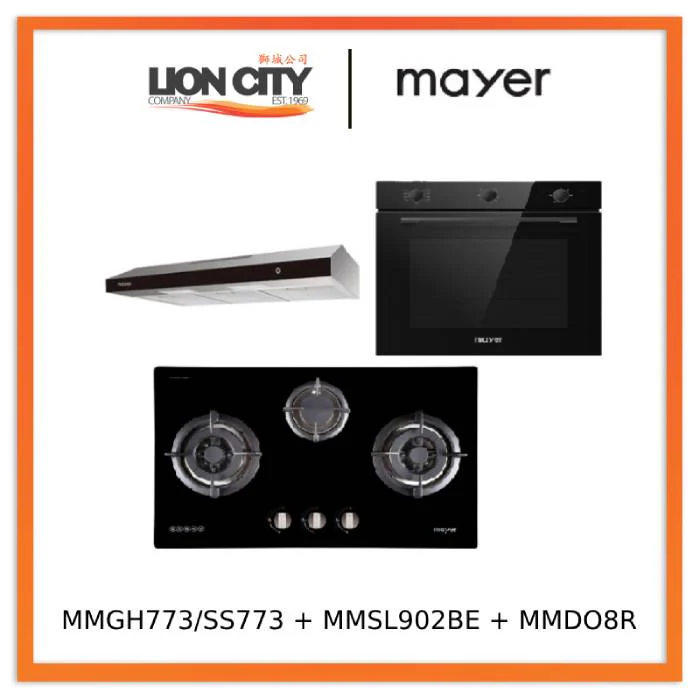 Mayer MMGH773/SS773 Built-In Gas Hob 3 Burners + MMSL902BE 90cm Slimline Hood + MMDO8R 60 cm Built-in Oven with Smoke Ventilation