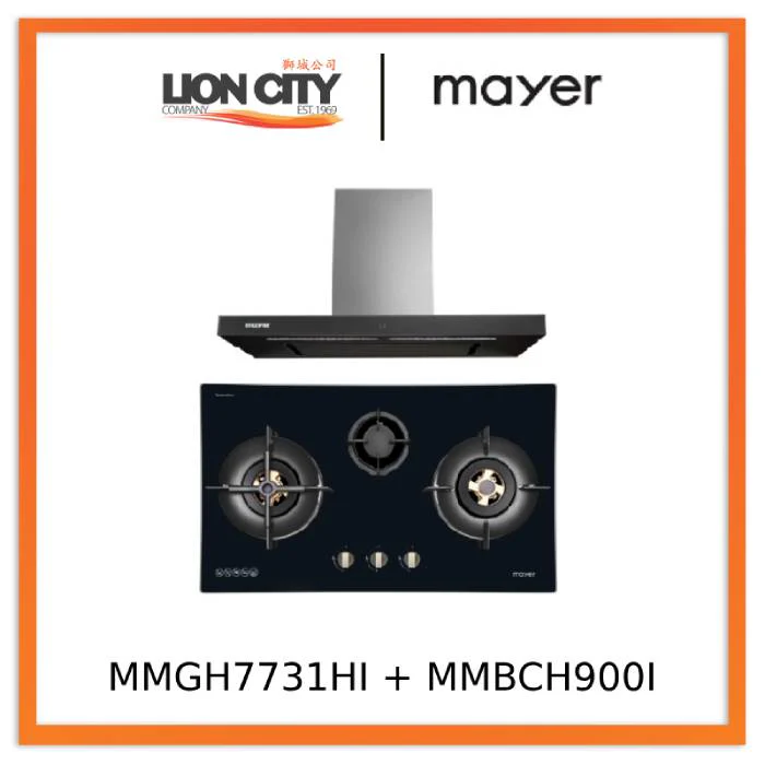 Mayer MMGH7731HI 76cm 3 Burner Glass Gas Hob + MMBCH900I Chimney Hood