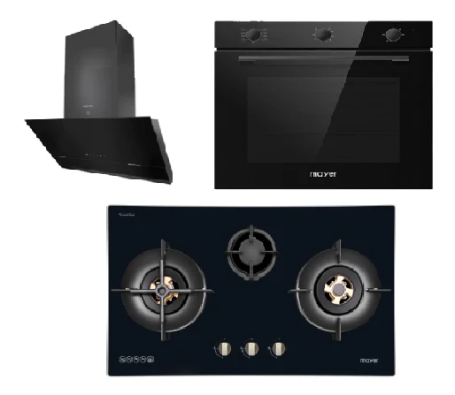 Mayer MMGH7731HI 76cm 3 Burner Glass Gas Hob + MMSH8099-L Angled Chimney Hood + MMDO8R 60 cm Built-in Oven with Smoke Ventilation - Image 2