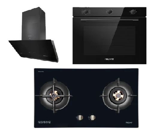 Mayer MMGH8821HI 86cm 2 Burner Glass Gas Hob + MMSH8099-L Angled Chimney Hood + MMDO8R 60 cm Built-in Oven with Smoke Ventilation - Image 2