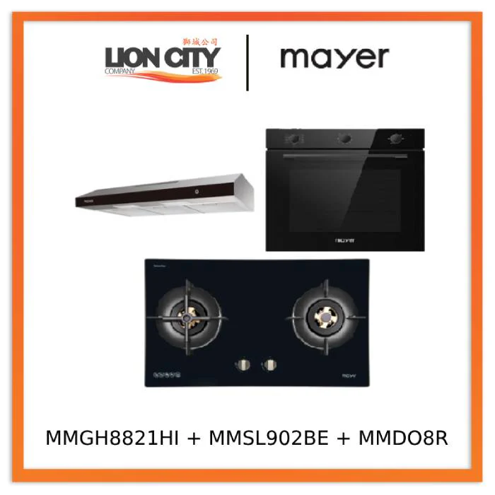 Mayer MMGH8821HI 86cm 2 Burner Glass Gas Hob + MMSL902BE 90cm Slimline Hood + MMDO8R 60 cm Built-in Oven with Smoke Ventilation