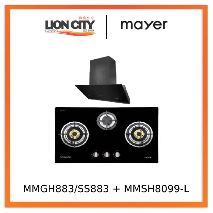 Mayer MMGH883/SS883 86cm 3 Burner Stainless Steel Gas Hob + MMSH8099-L Angled Chimney Hood