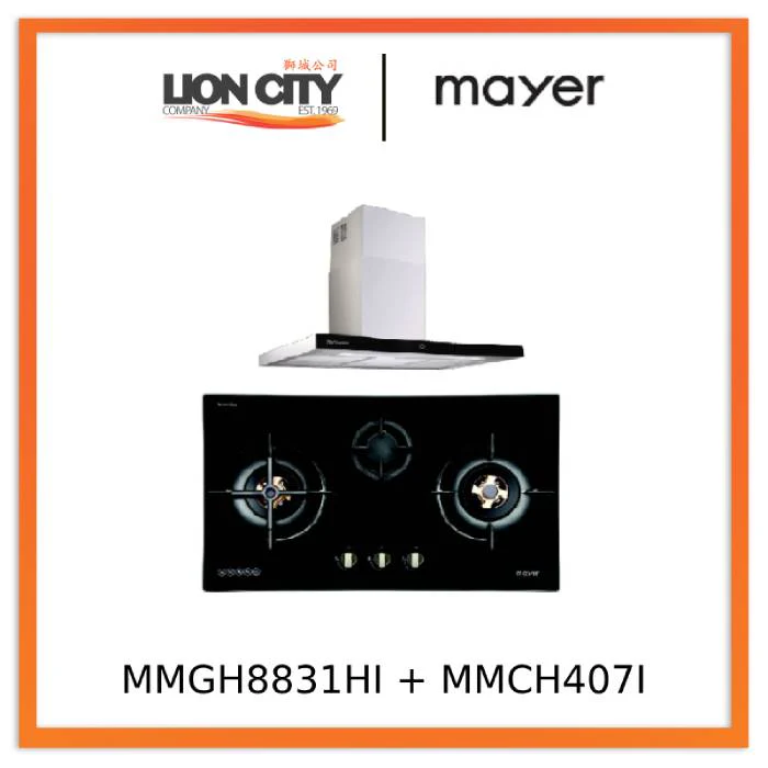 Mayer MMGH8831HI 86cm 3 Burner Glass Gas Hob + MMCH407I 90cm Chimney Hood