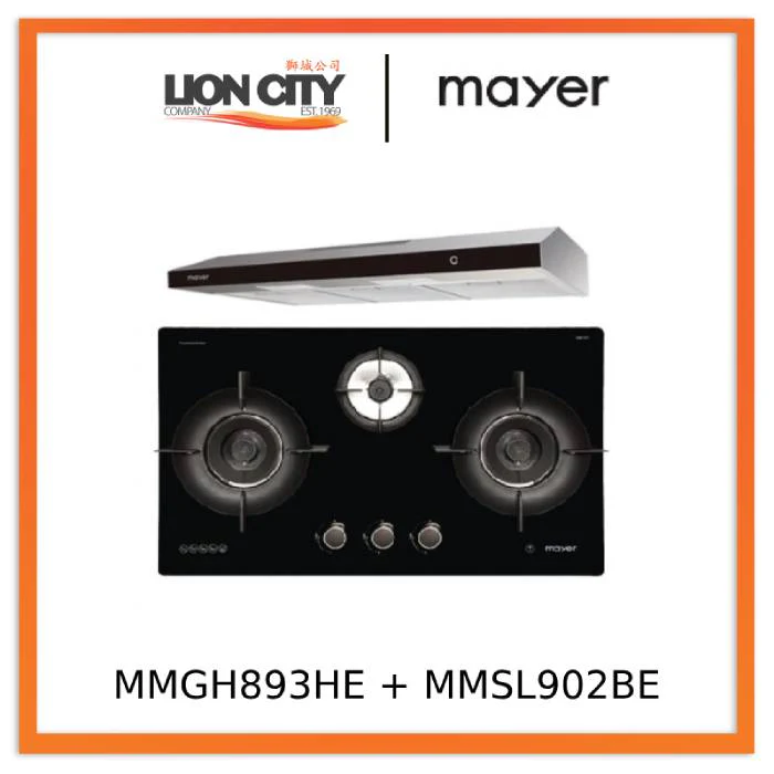 Mayer MMGH893HE 86cm 3 Burner Gas Hob + MMSL902BE  90cm Slimline Hood