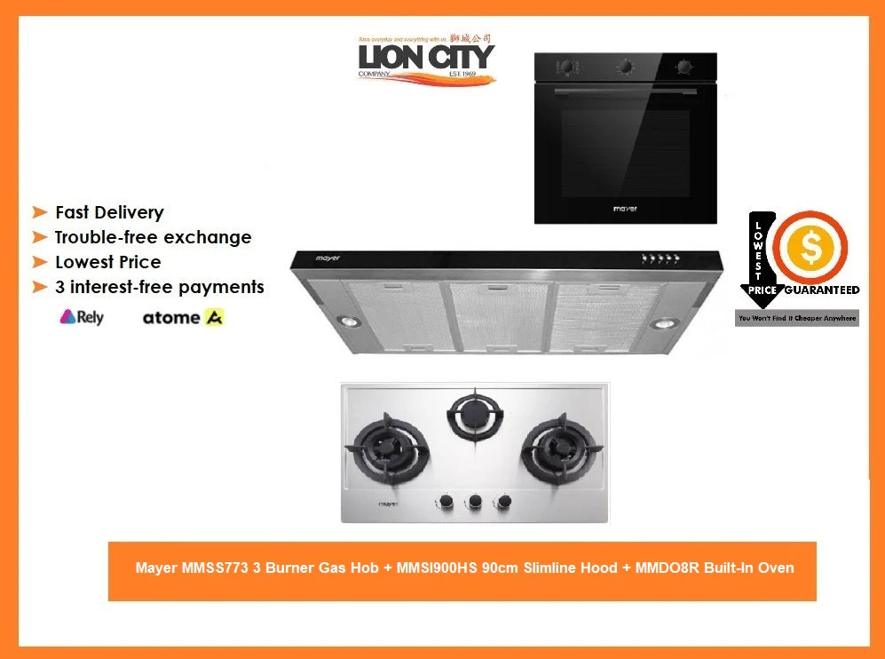 Mayer MMSS773 3 Burner Gas Hob + MMSI900HS 90cm Slimline Hood + MMDO8R Built-In Oven