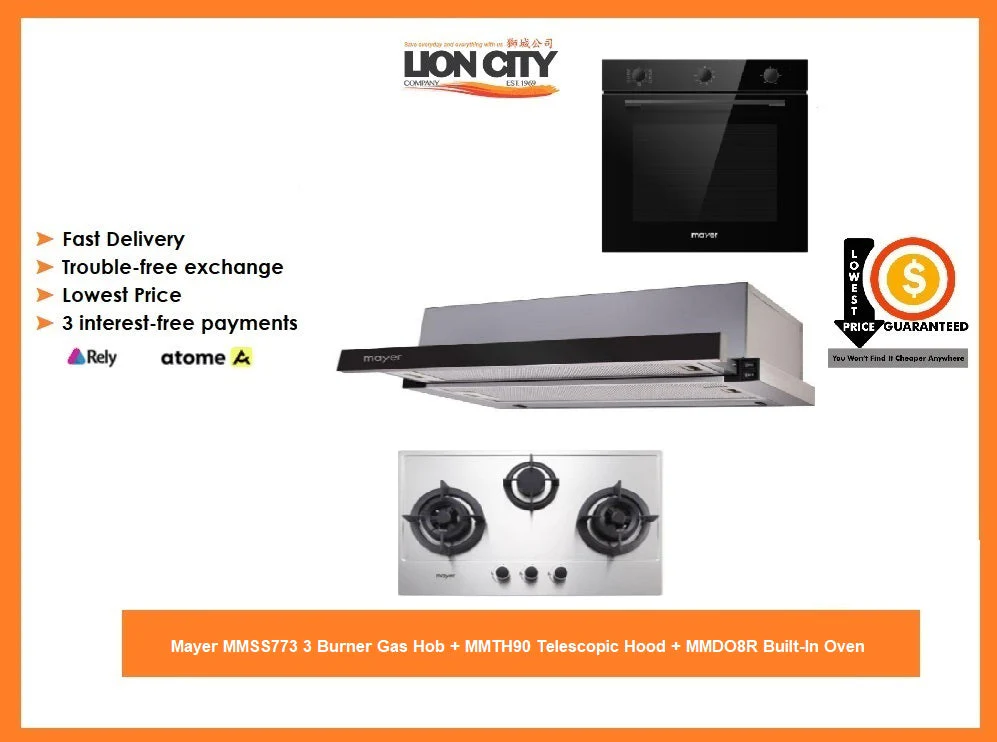 Mayer MMSS773 3 Burner Gas Hob + MMTH90 Telescopic Hood + MMDO8R Built-In Oven