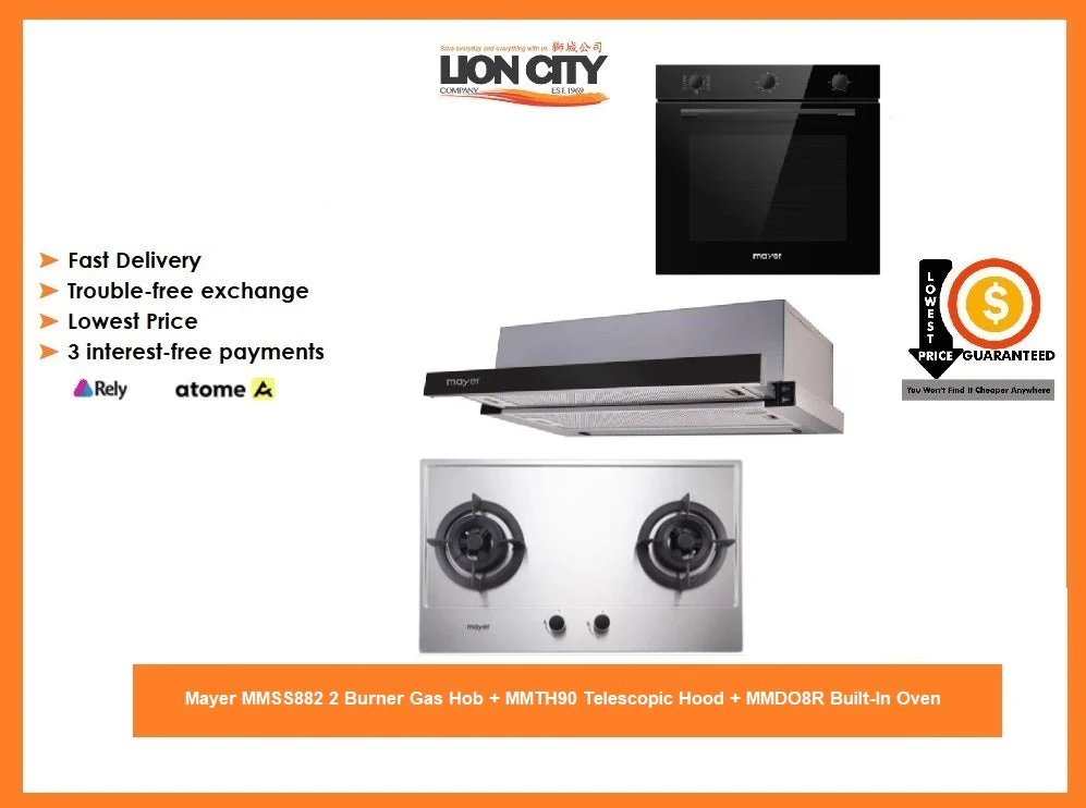 Mayer MMSS882 2 Burner Gas Hob + MMTH90 Telescopic Hood + MMDO8R Built-In Oven