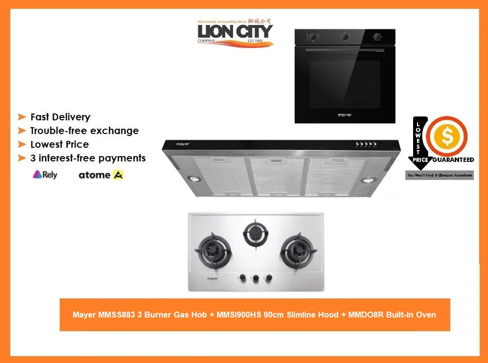 Mayer MMSS883 3 Burner Gas Hob + MMSI900HS 90cm Slimline Hood + MMDO8R Built-In Oven