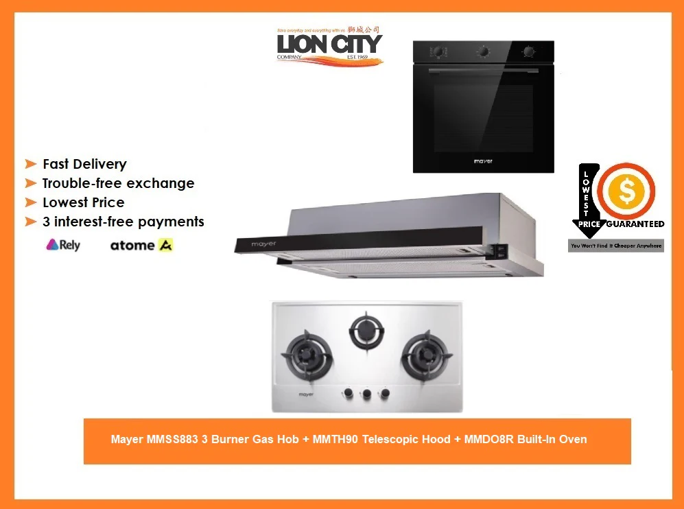 Mayer MMSS883 3 Burner Gas Hob + MMTH90 Telescopic Hood + MMDO8R Built-In Oven