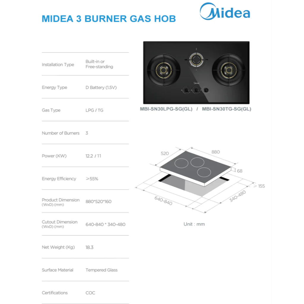 Midea (3 IN 1 Bundle Deal) Built-in Hob MBI-SN30-SG(GL) + Hood MBI-90F26-SG + Oven MBI-65M40-SG - Image 4