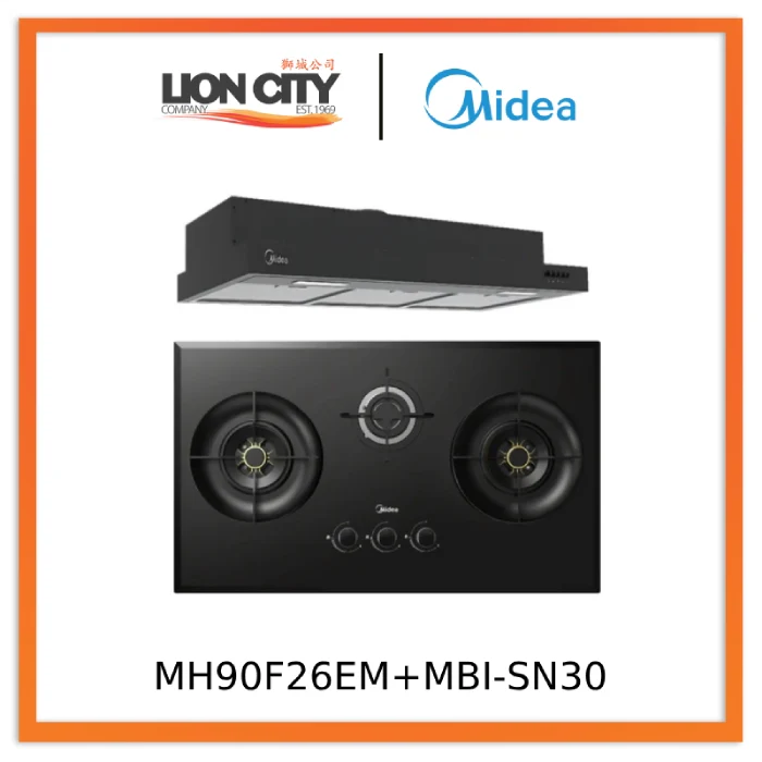Midea Bulit-In Range MH90F26EM Hood Slim Under Cabinet Kitchen Hood + MBI-SN30 (GL) 88cm Glass Gas Hob