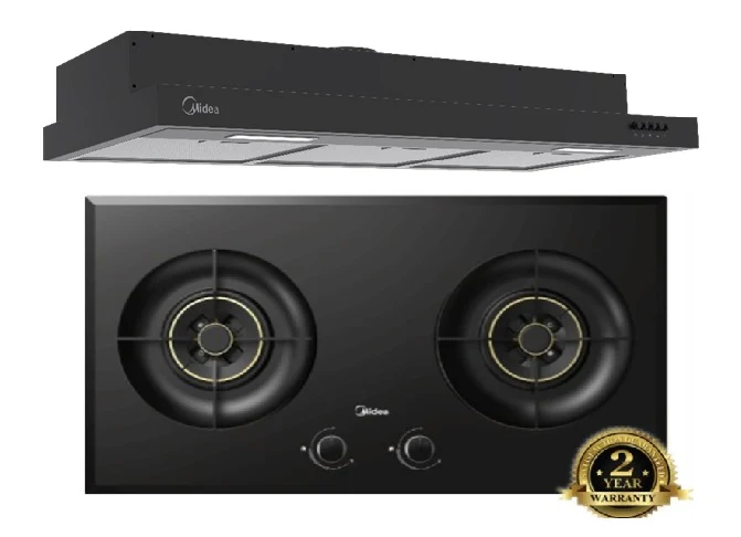 Midea MH90F26EM Built In Range Hood + Midea MBI-SN20 80cm 2 Burner Tempered Glass Cooker Hob Gas Stove