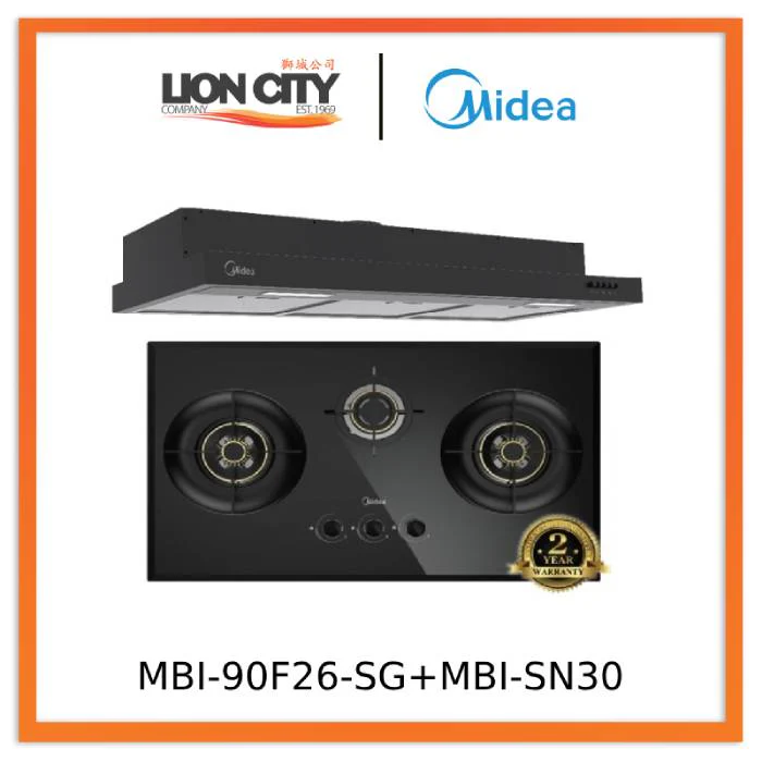 Midea MBI-90F26-SG Built In Range Hood + Midea MBI-SN30 88cm 3 Burner Tempered Glass Cooker Hob Gas Stove