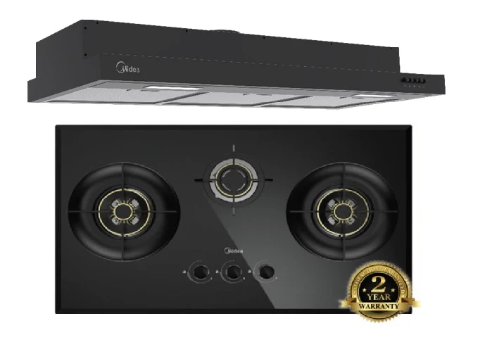Midea MBI-90F26-SG Built In Range Hood + Midea MBI-SN30 88cm 3 Burner Tempered Glass Cooker Hob Gas Stove - Image 2