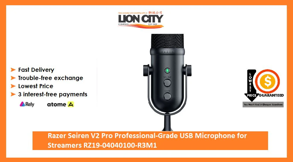 Razer Seiren V2 Pro Professional-Grade USB Microphone for Streamers, 30mm Dynamic Microphone, High Pass Filter Analog Gain Limiter, 24 Bit Capsules, Black | RZ19-04040100-R3M1