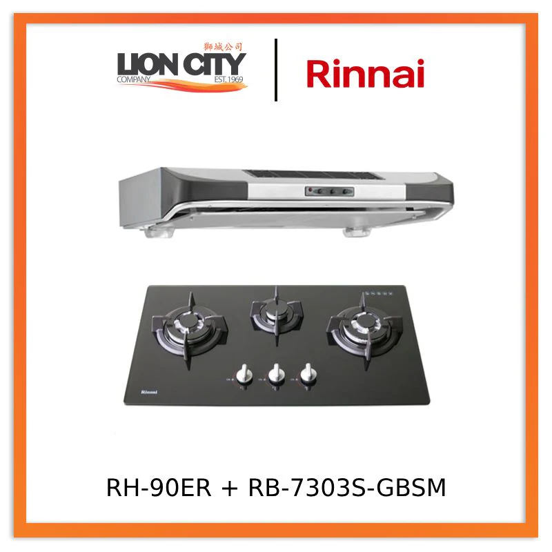 Rinnai RH-90ER/i (MS,G,S) Cooker Hood + RB-7303S-GBSM 3-Burner Built-in Gas Hob