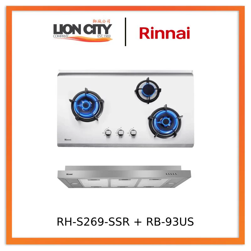 Rinnai RH-S269-SSR Slim Hood & RB-93US S/S Hob with three burner