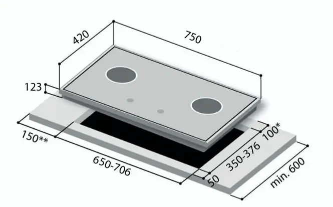 RINNAI RH-S329-PBR SLIMLINE HOOD + RINNAI RB-7303S-GBSM 3 BURNER GLASS HOB - Image 2