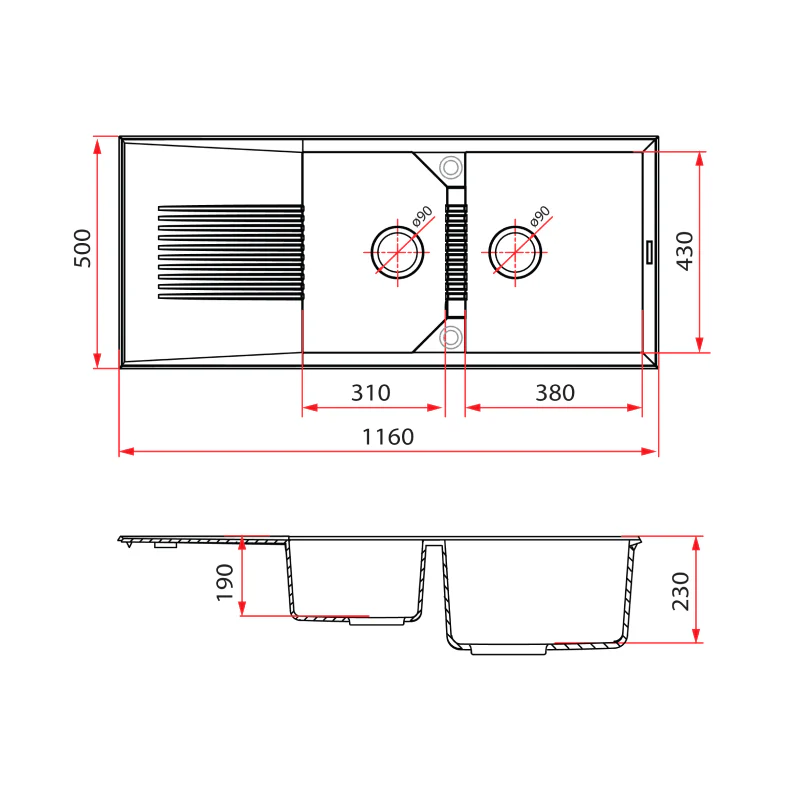 Rubine 1¾ Bowls + Drainer Inset Granite Kitchen Sink MEQ 861 PB - Image 3