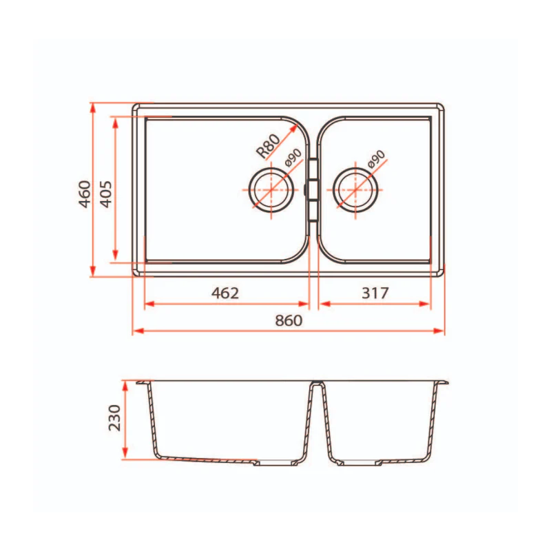 Rubine 1¾ Bowls Undermount Granite Kitchen Sink MEQ 860-86U TI - Image 3