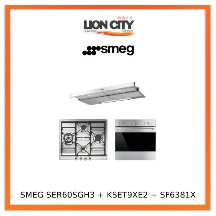 Smeg SER60SGH3 60cm Classic Gas Hob Stainless Steel + KSET9XE2 90cm Telescopic Hood with Stainless Steel + SF6381X Fan Assisted Oven 60cm Classica Aesthetic Effect Front Panel Bundle Deal