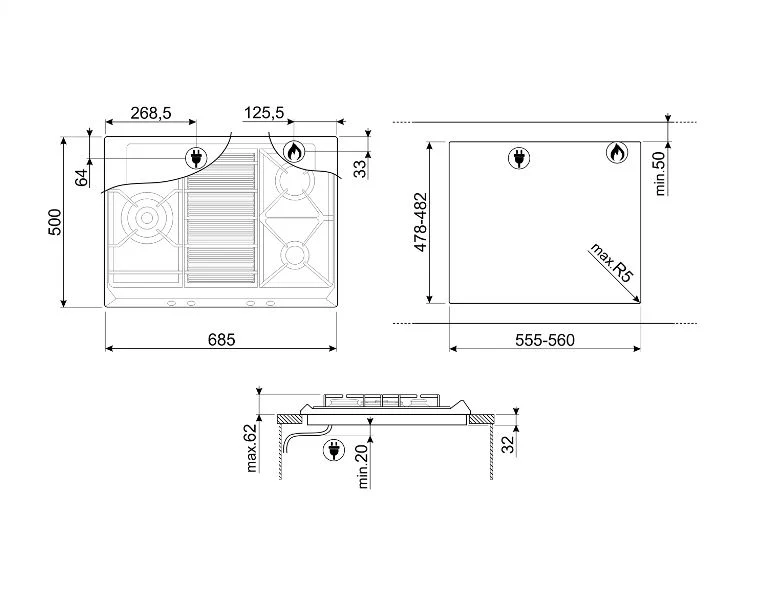 Smeg SRV573XG 70/75 cm Gas Hob Contemporanea Aesthetic - Image 4