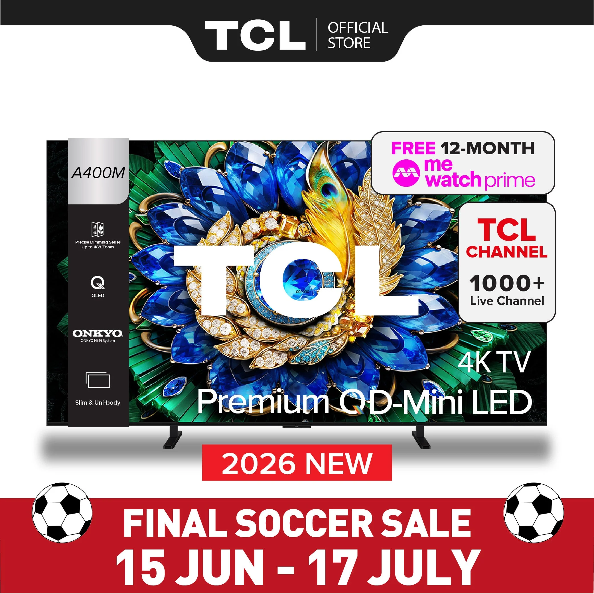 TCL A400M Premium QD-MiniLED 4K TV 55‑75" Precise Dimming