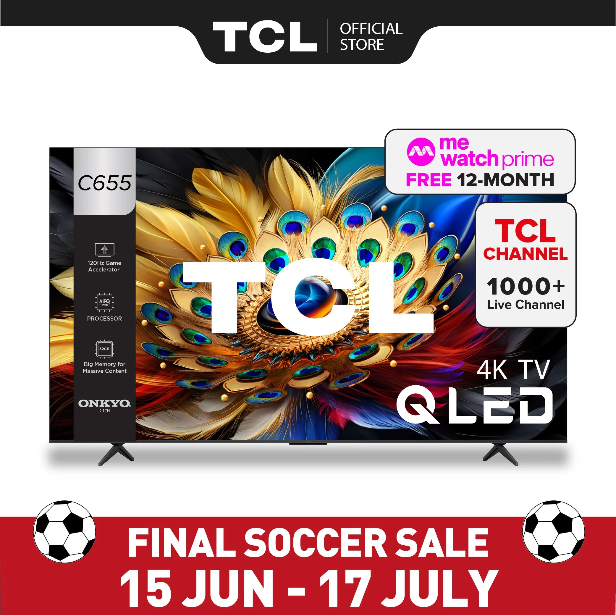 TCL C655 4K QLED 75" Onkyo Subwoofer AI Smart TV