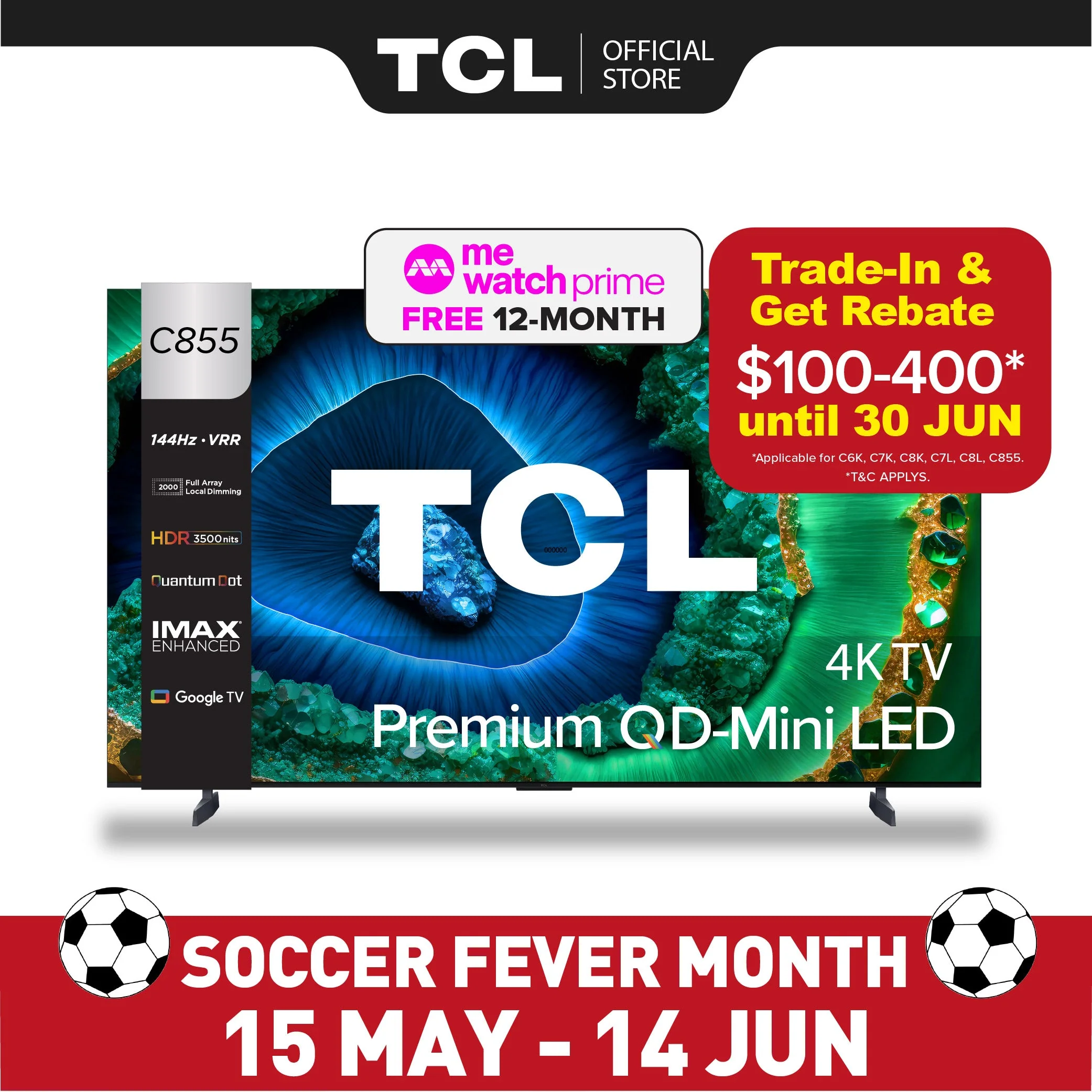 TCL C855 QD-Mini LED 4K TV 85‑98 Inch AI Smart