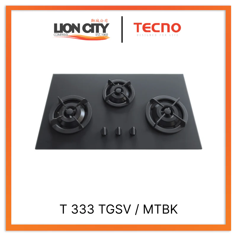 Tecno UNO T 333 TGSV / MTBK Toughened Glass Hob (SCHOTT) Matte Black 86cm, V.V.S 3 Burners (2x Big, 1x Medium)