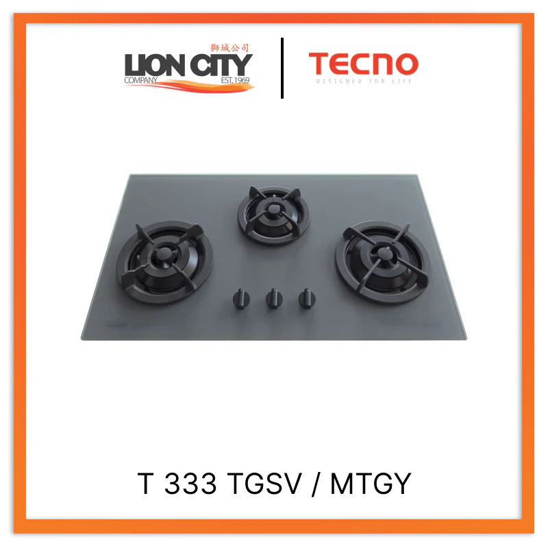 Tecno Uno T 333 TGSV / MTGY Toughened Glass Hob (SCHOTT) Matte Grey 86cm, V.V.S 3 Burners (2x Big, 1x Medium)