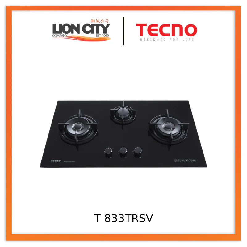 Tecno Uno T-833 TRSV Toughened Glass Hob (SCHOTT) Black 86cm 3 Burners (2x Big, 1x Medium)