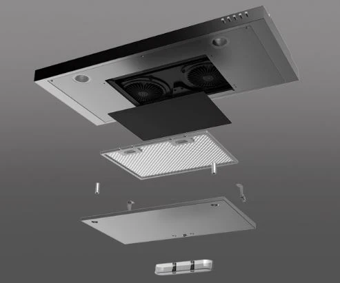 Tecno Uno TCH 929 DP  SS/ BK Slim Line Hood S/S w/ Black Panel / Full Black 90cm, Twin Motors - Image 6