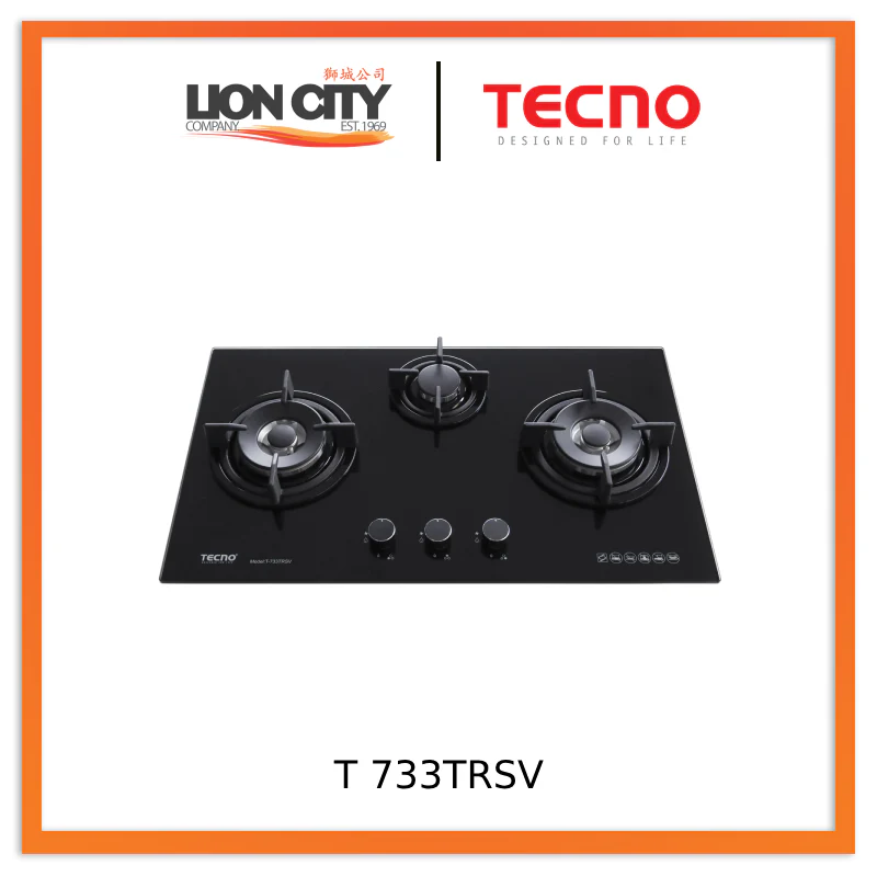 Tecno Uno T 733 TRSV Toughened Glass Hob (SCHOTT) Black 76cm 3 Burners (2x Big, 1x Medium)