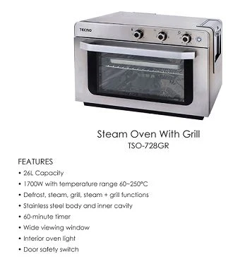 Tecno Uno TSO 728 GR Steam Oven w/ Grill Silver 26L - Image 3