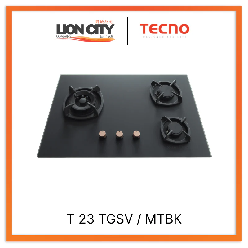 Tecno Uno T 23 TGSV Toughened Glass Hob (SCHOTT) 75cm, V.V.S, INFERNO* (Big Burner) 3 Burners (1x Big, 1x Medium, 1x Small)
