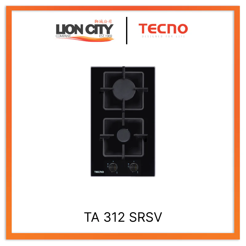Tecno Uno TA 312 SRSV Domino Gas Hob Black Tempered Glass 30cm, 2 Burner (1x Big, 1x Small)