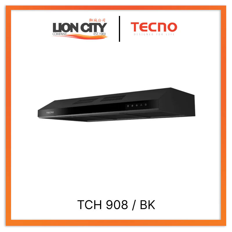 Tecno Uno TCH 908 / BK Slim Line Hood Full Black 90cm, Twin Motor, Touch Control