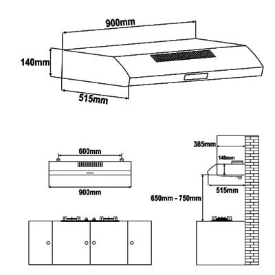 Valenti VH 3129TS 900 mm Slimline Hood VH3129TS - Image 4