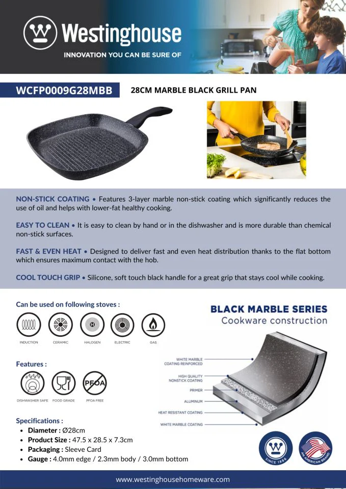 WESTINGHOUSE 28CM MARBLE BLACK NON-STICK ALUMINIUM GRILL PAN - WCFP0009G28MBB - Image 5