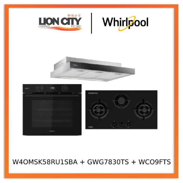 Whirlpool’s W4OMSK58RU1SBA 60cm W COLLECTION Multifunction Oven with Gentle Steam Function + Whirlpool’s GWG7830TS 78cm 3-Burners Gas Hob (Town Gas) + Whirlpool’s WCO9FTS 90cm Compact Hood