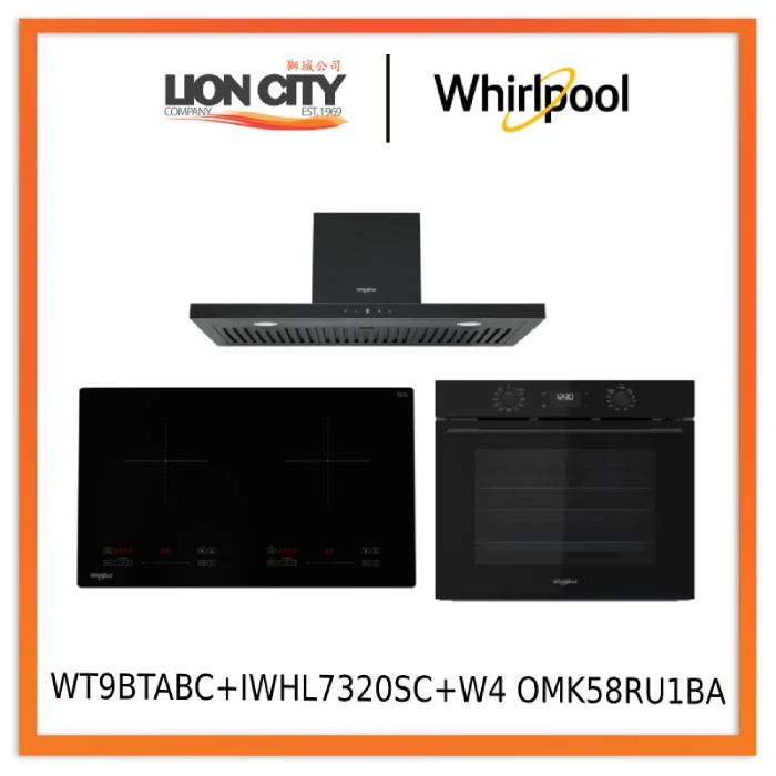 Whirlpool WT9BTABC 90cm Auto Clean T-Box Hood + IWHL7320SC 73cm 2 Zone Built-in Induction Hob + W4 OMK58RU1BA 60cm W COLLECTION Multifunction Oven with Flexi Cleaning